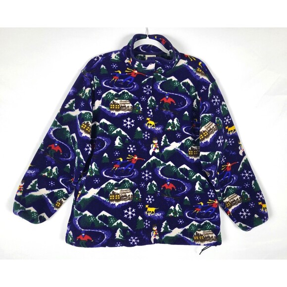 Vintage LL Bean Fleece Jacket 1/4 Snap Womens Medium Holiday Winter Snowman Ski - Picture 1 of 5